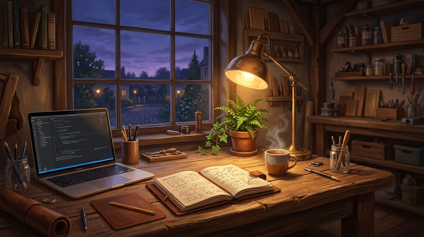 A warm, cozy craftsman workshop desk with an open notebook, lamp, and computer display