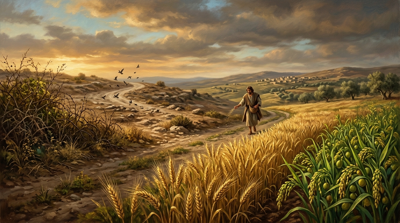 The landscape of the sower: rocky ground in the distance, rich cultivated soil bearing fruit in the golden foreground
